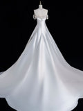 Elegant A line Off The Shoulder Satin Pearls Long White Wedding Dresses HZ1024