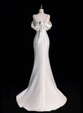 Elegant Mermaid Off The Shoulder Satin Pearls Long White Wedding Dresses HZ1024