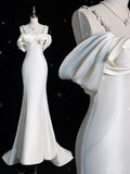 Elegant Mermaid Off The Shoulder Satin Pearls Long White Wedding Dresses HZ1024