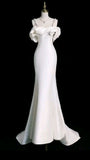 Elegant Mermaid Off The Shoulder Satin Pearls Long White Wedding Dresses HZ1024