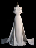 Elegant Mermaid High Neckline Satin Long White Wedding Dresses HZ1024