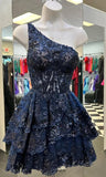 Navy Blue One Shoulder Homecoming Dress with Sheer Corset Bodice and Ruffled Skirt HZ1024