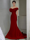 Sexy Mermaid Off The Shoulder Satin Long Burgundy Prom Dress HZ1024