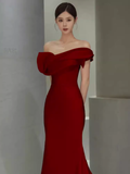 Sexy Mermaid Off The Shoulder Satin Long Burgundy Prom Dress HZ1024