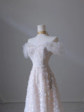Pretty A Line Off The Shoulder White Tulle Floral Long Prom Dresses Party Evening Dress HZ1024