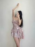 Pink Sequin Ruffle Asymmetrical Mini Dress Homecoming Dresses HZ1024