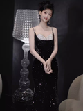 Sexy Mermaid Straps Sequin Long Black Prom Dress HZ1024