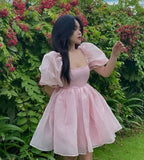 Fairy Dress Female Sweet Puff Sleeves Mesh Square Collar Princess Homecoming Dress HZ1024