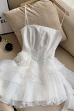 Spaghetti Straps Sleeveless Floral Tulle Satin A-Line Mini Homecoming Dress HZ1024