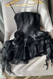 Spaghetti Straps Sleeveless Floral Tulle Satin A-Line Mini Homecoming Dress HZ1024