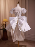 Cute Ball Gown Short Sleeves White Satin Party Dress Homecoming Dresses HZ1024