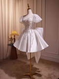 Cute Ball Gown Short Sleeves White Satin Party Dress Homecoming Dresses HZ1024