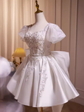 Cute Ball Gown Short Sleeves White Satin Party Dress Homecoming Dresses HZ1024