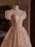 Elegant Ball Gown High Neckline Pink Tulle Party Dress Lace Homecoming Dresses HZ1024