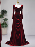 Sexy Mermaid Long Sleeves Burgundy Velvet Prom Dresses HZ1024