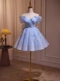 Elegant Ball Gown Off The Shoulder Tulle Party Dress Blue Homecoming Dresses HZ1024