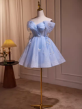 Elegant Ball Gown Off The Shoulder Tulle Party Dress Blue Homecoming Dresses HZ1024