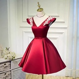 Elegant Ball Gown V Neckline Satin Party Dress Burgundy Homecoming Dresses HZ1024