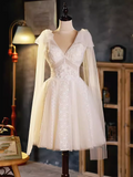 Elegant Ball Gown V Neckline Tulle Party Dress Lace White Homecoming Dresses HZ1024