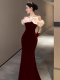 Sexy Mermaid Burgundy Velvet Prom Dresses With Gloves HZ1024
