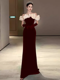 Sexy Mermaid Burgundy Velvet Prom Dresses With Gloves HZ1024