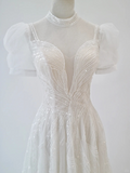 Princess A Line Tulle Sequin Blackless Short Sleeves Long Wedding Dresses HZ1024