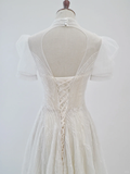 Princess A Line Tulle Sequin Blackless Short Sleeves Long Wedding Dresses HZ1024