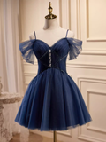 Elegant Ball Gown Straps Tulle Party Dress Navy Blue Homecoming Dresses HZ1024