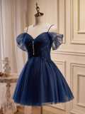 Elegant Ball Gown Straps Tulle Party Dress Navy Blue Homecoming Dresses HZ1024