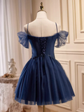 Elegant Ball Gown Straps Tulle Party Dress Navy Blue Homecoming Dresses HZ1024