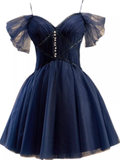 Elegant Ball Gown Straps Tulle Party Dress Navy Blue Homecoming Dresses HZ1024