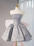 Pretty Gray Ball Gown Strapless Satin Sequin Back With Bow Short Homecoming Dress 16th Birthday Outfits HZ1024