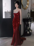 Sexy Mermaid Burgundy Sequin Prom Dresses HZ1024