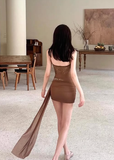 Unique Mermaid Spaghetti Straps Brown Chiffon Lace Short Homecoming Dress 17th Birthday Outfits HZ1024