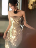 Sexy Mermaid Strapless Sequin Gold Prom Dresses HZ1024