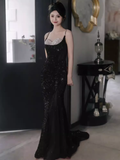 Sexy Mermaid Straps Sequin Black Prom Dresses HZ1024