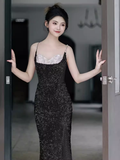 Sexy Mermaid Straps Sequin Black Prom Dresses HZ1024