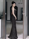 Sexy Mermaid Straps Sequin Black Prom Dresses HZ1024