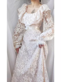 Vintage A line U Neckline Long Sleeves Lace White Wedding Dresses HZ1024