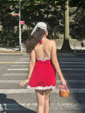 Vintage A Line Halter Deep V Neck Satin Polka Dots Lace Backless Mini Short Homecoming Dress 20th Birthday Outfits HZ1024