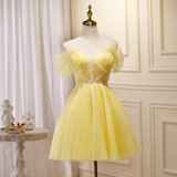 Elegant A Line Yellow Birthday Outfits Tulle Short Sleeves Homecoming Dresses HZ1024