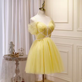 Elegant A Line Yellow Birthday Outfits Tulle Short Sleeves Homecoming Dresses HZ1024