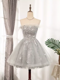 Elegant Ball Gown Strapless Gray Birthday Outfits Tulle Homecoming Dresses HZ1024