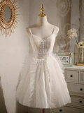 Cute Ball Gown Straps White Birthday Outfits Tulle Lace Homecoming Dresses HZ1024
