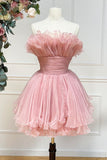 Cute Strapless Ball Gown Ruffles Pink Mini Homecoming Dress HZ1024