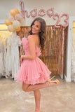 Cute Strapless Ball Gown Ruffles Pink Mini Homecoming Dress HZ1024