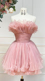 Cute Strapless Ball Gown Ruffles Pink Mini Homecoming Dress HZ1024