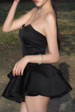 Chic Strapless Black Satin Short Prom Dresses Layered Black Homecoming Dresses HZ1024