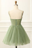 Chic Straps Pleated A-line Sage Green Homecoming Dress HZ1024