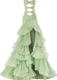 Sexy High Low Strapless Sage Green Tulle Long Prom Dresses HZ1024
